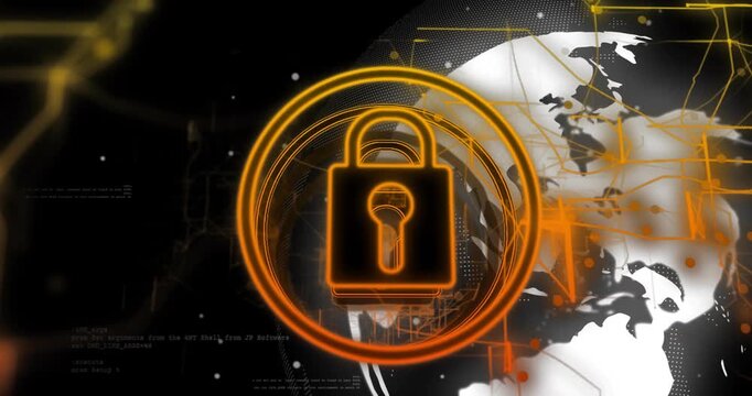 Glowing padlock rotating, centering, pulsing as rings forming and map revealing security on start