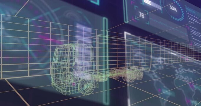 Vertical video: Animating neon wireframe truck moving on grid floor, updating HUD gauges and map