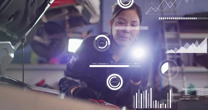 With hood up, woman mechanic leaning over auto engine, holding lamp, testing red cable, HUD growing