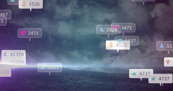 Emerging notification badges from purple glow at left horizon, drifting over rocky plain