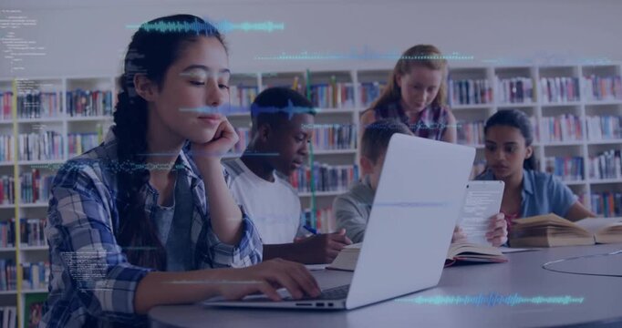 Vertical video: Leaning peer urging plaid girl typing on laptop tablet data in library, copy space