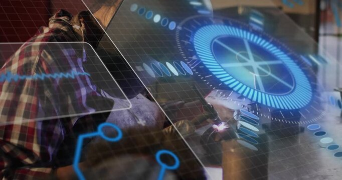 Female metalworker bringing torch to joint and welding seam, HUD overlay pulsing, highlighting data