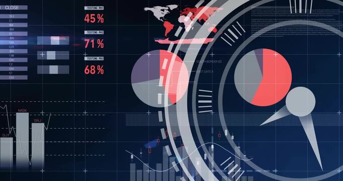 Data feed updating while large circular HUD rotating, sliding red disk revealing finance charts