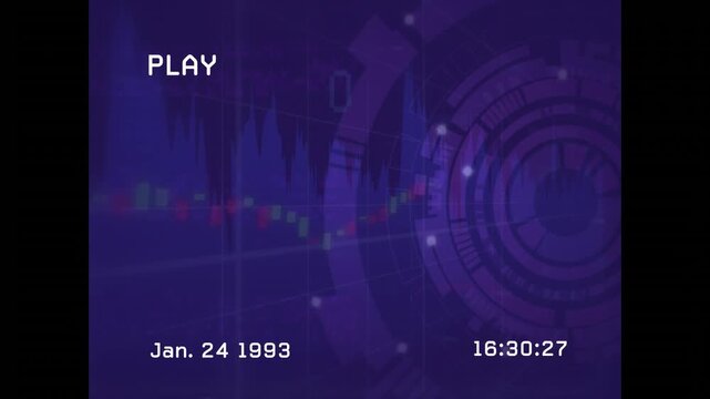 Vertical video: Showing PLAY icon starting play on VHS, static flickering with timecode and date