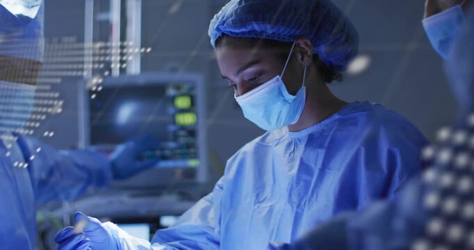 Surgical team operating to treat patient while map shifting and revealing surgeon checking vitals