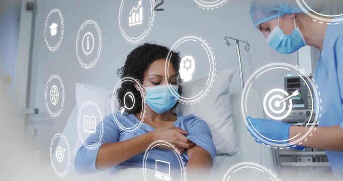 Patient pulling sleeve nurse prepping syringe and giving vaccine while HUD icons over screen