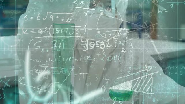 Female lab tech placing pipette, dosing green fluid into cylinder, overlaying math aiding accuracy