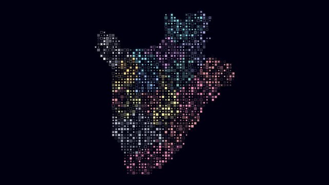 Burundi map animation. Shape of the country with pulsating colored dots. Small size square blocks. Digital style Burundi map on dark background. Plain video.