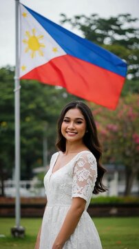 Proud young Filipino woman in white lace dress celebrating national heritage by flag
