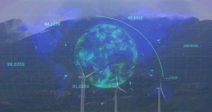 Vertical video: Animating hologram pulsing above three turbines at ridge, tracking numeric readouts