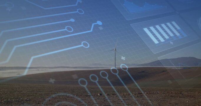 Primary wind turbine standing on ridge with HUD initiating fade and overlaying energy output data