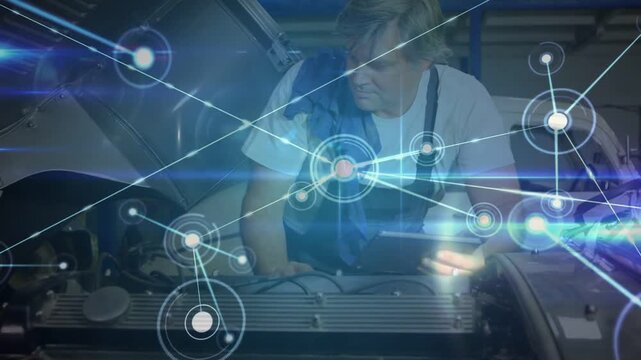 Vertical video: Tapping tablet, mechanic in coveralls checking engine at shop for scan with overlay