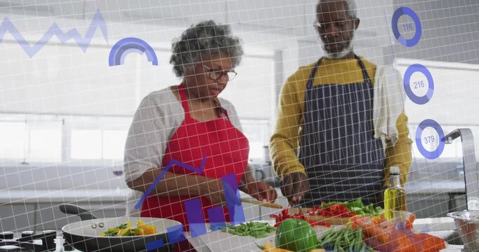 Translucent grid appearing, woman and man chopping veg for meal while animated charts tracking pan