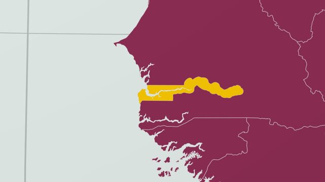 Gambia map. Animated zoom into the country on the Globe in Pale Mint Dark Pink color palette. Country logo animation with round text and airplanes. Map with meridians, parallels. Charming video.