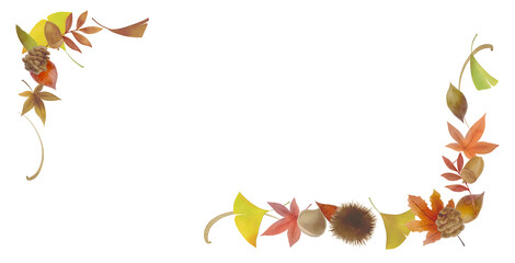 Watercolor autumn leaves and nuts corner frame, hand drawn maple ginkgo acorn chestnut decorative border transparent PNG300dpi © URU