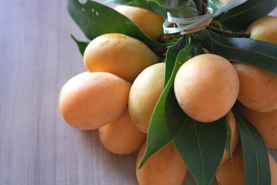 Close-up shot features a vibrant cluster of ripe Marian plums (also known as gandaria or plum mango).