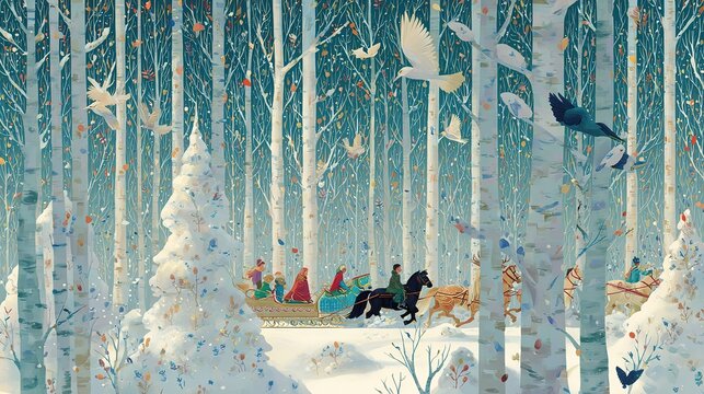 Childrens book art of three kids on horse drawn sled through snowy landscape birds around trees simple design gouache style blue cream palette winter hats