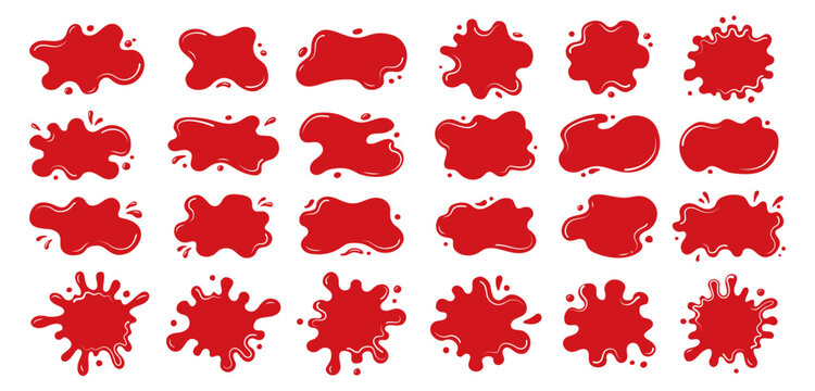 Liquid shapes blood stains silhouettes set. Fluid puddles, splashes, red drops, wavy blobs. Bubble organic forms. Smooth blotches, soft uneven spills drips abstract shapes frames backgrounds design