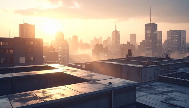 city skyline at sunrise with skyscrapers and rooftops