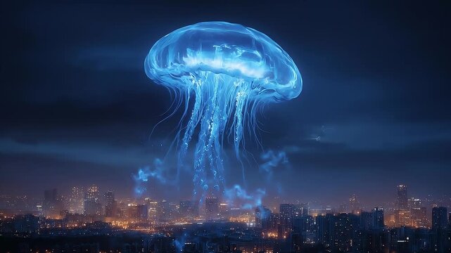 A colossal blue jellyfish floats over a city skyline at dusk, its glowing tentacles sweeping across a moody sky and the amber streetlights below