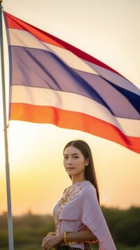 Young Thai Woman in Traditional Chut Thai Dress with Thailand Flag at Sunset