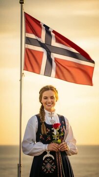Smiling young woman in traditional Norwegian bunad dress holding a red rose by the national flag