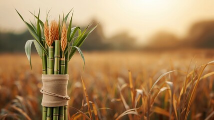 Fototapeta premium Bundle of wheat and stalks against a field at sunset