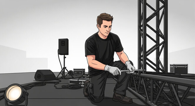 Male Stage Technician Installing Metal Truss For Event.