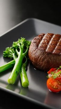 Gourmet Keto Dinner of Grilled Filet Mignon with Broccolini and Cherry Tomatoes