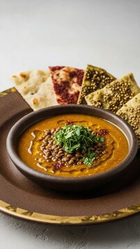 Traditional Middle Eastern Ramadan Iftar Lentil Soup with Zaatar Flatbread and Herbs