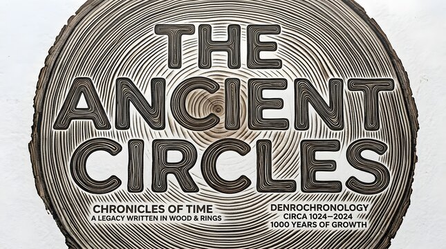 A graphic design featuring the title 'The Ancient Circles' on a wood grain background, with text about dendrochronology and chronicles of time.