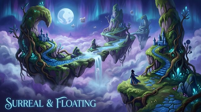 Floating islands with castles and waterfalls in a mystical dreamscape, under aurora borealis