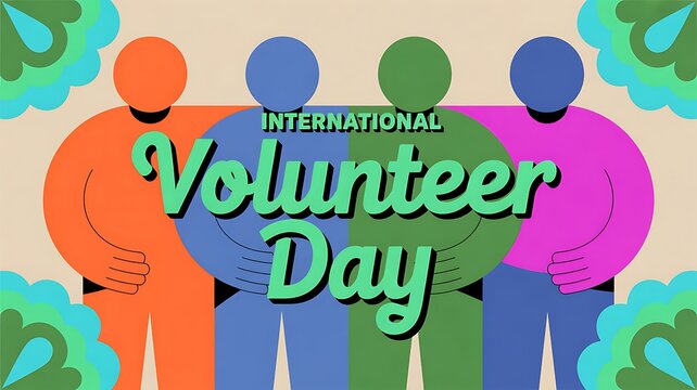 International volunteer day illustration with group of people standing in a line symbolizing unity