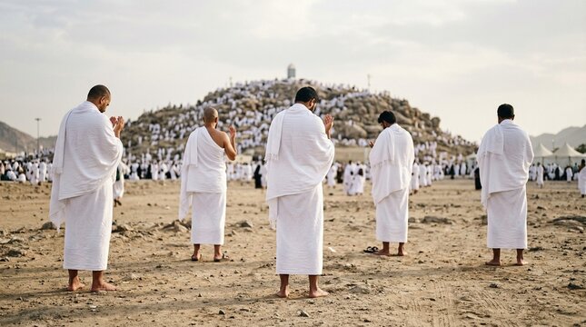 Small Group of Pilgrims Praying at Arafat During Hajj