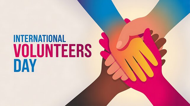 International volunteers day concept with overlapping hands of different colors representing global unity