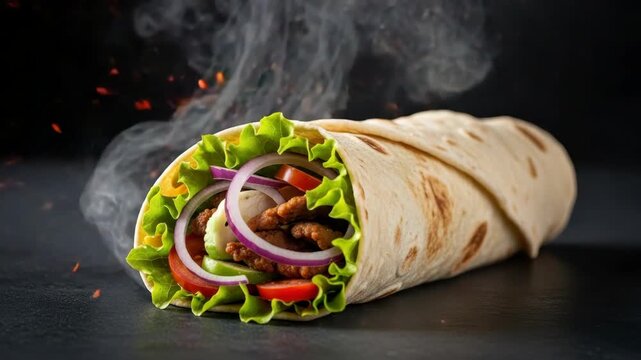 Close-up Shot Of Freshly Prepared Wrap With Fillings Displaying Array Of Colors On Dark Surface Smoke In The Background Making It Ready To Be Used For Restaurant Menu Advertisement
