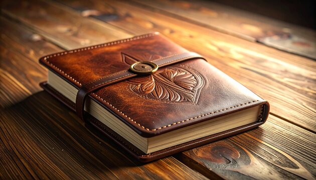 Brown leather journal with leaf embossing on wooden table