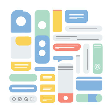 A colorful, flat design composition of various shapes and interactive elements