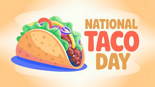 National taco day celebratory illustration featuring a crunchy taco with lettuce and meat on gradient backdrop