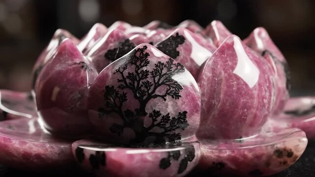 Intricate Rhodonite Lotus Sculpture with Black Inclusions