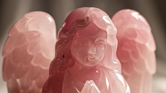 Intricate Rose Quartz Carving of an Angel in Soft Lighting