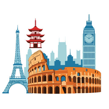 A colorful illustration showcasing iconic landmarks from around the world