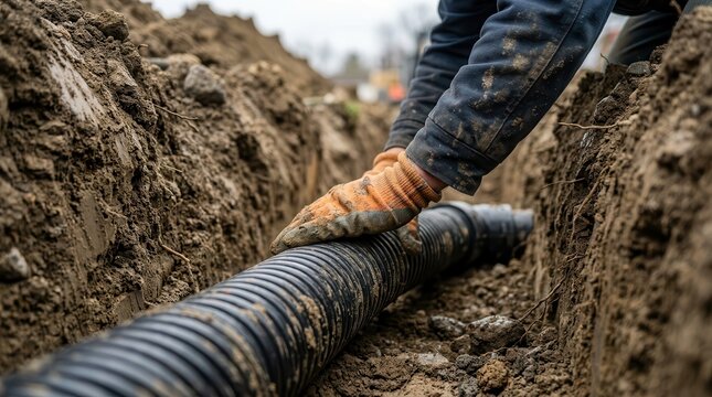 Worker hands are carefully installing a corrugated drainage pipe within a trench for effective drain control and pipe management.