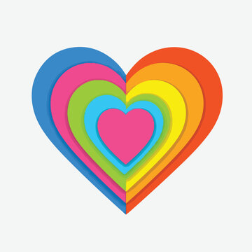 A colorful, layered heart shape in rainbow hues on a white background