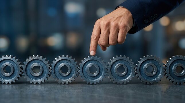 A hand carefully adjusts metal gears on a table, symbolizing change management transformation.