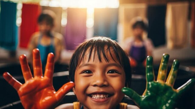 Happy Young Asian Girl Showing Painted Hands in Traditional Textile Dyeing Workshop