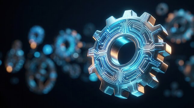 A glowing metallic gear on a dark background visualizes the concept of digital transformation and technology integration.