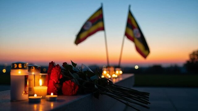 Memorial candles and red roses with national flags at sunset for a day of mourning tribute