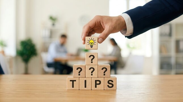 A hand places a lightbulb icon block on wooden cubes spelling TIPS, symbolizing quick tips and smart solutions for business and advertising.