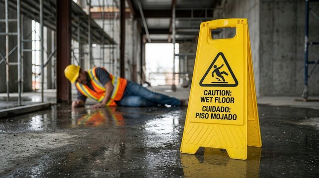 An injured construction worker lies on a slick workplace site, with a wet floor warning sign prominently in the foreground, indicating a personal injury claim after a slip and fall incident.